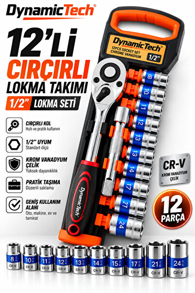 DynamicTech 12'li 1/2 Çırçırlı Lokma Takımı 8-24 mm Krom Vanadyum Çelik Profe...