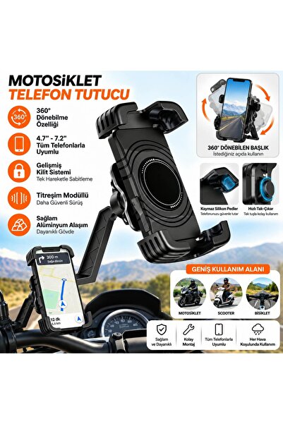 Asfal Titreşim Modüllü Ayna Bağlantılı Motosiklet Telefon Tutucu 360° Dönen 4.7-7.2 İnç Uyumlu Scooter Telefon Tutacağı