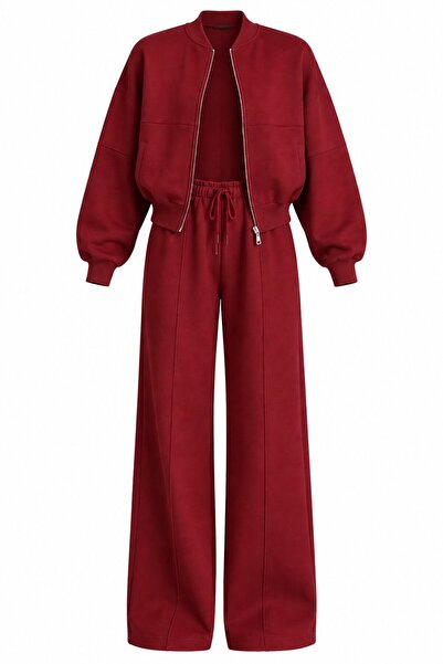 Laluvia Burgundy Zippered Tracksuit Set - 6001