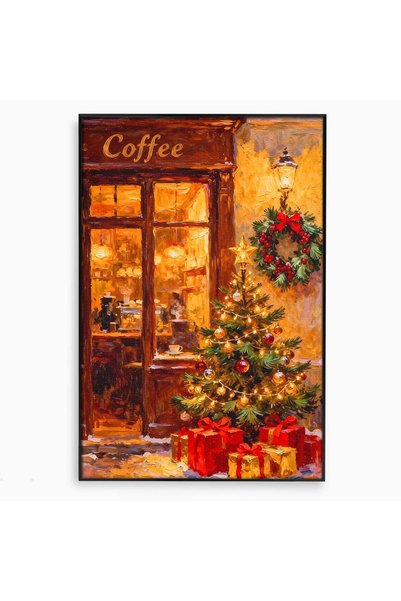 Luxcanva Tablou Canvas Cafenea De Craciun 40x60 cm cu Rama Negru Seara Cafea ...