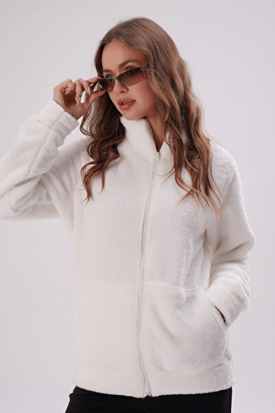 K KOZZ STYLE White Stand Collar Pocketed Zippered Plush Jacket