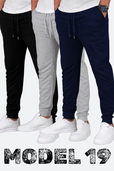 TORUK MAKTO Set of 3 Unisex Ribbed Sweatpants Regular Black Gray Navy Blue Co...
