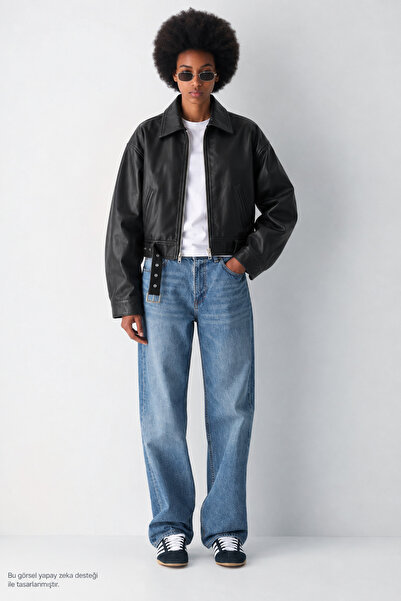Layk Mayk Women's Trend Belted Plain Faux Black Leather Jacket-00313767