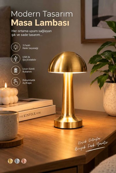 ÇEMİ Metal Şarjlı Masa Lambası Gold Dokunmatik 3 Renk Işık Modlu Mantar Gece ...
