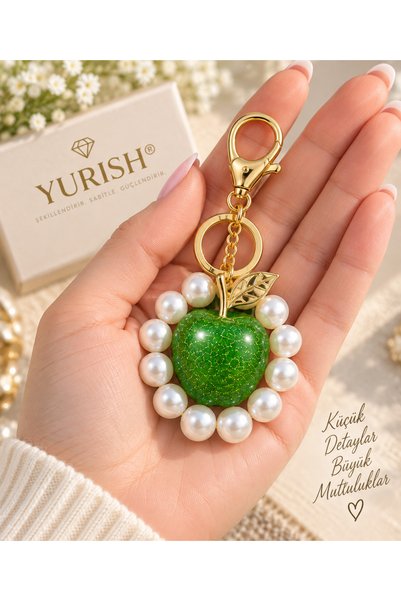 YURISH Women's Gold Chain Silvery Pearl Model Shimmering Green Apple Keychain Bag Ornament Fruit Accessory Charm