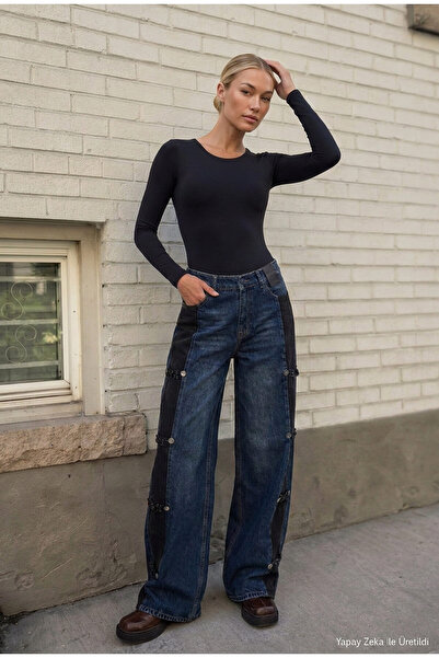 it's basic Kadın Mavi Straight Fit Süet Detaylı Özel Tasarım Napolyon Denim Jean
