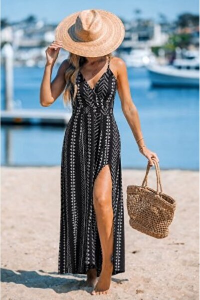 MODA ŞEHRİ فستان نسائي طويل من قماش السوبر جيرسيه بتصميم مزخرف، بياقة مزدوجة ...