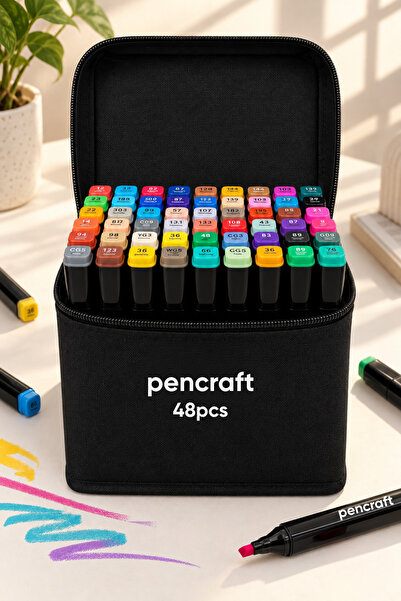 pencraft 48’li Profesyonel Marker Kalem Seti, Çift Uçlu Tasarım Eskiz ve Boya...