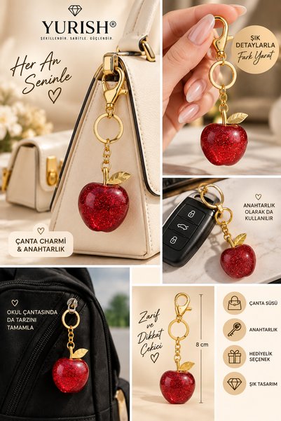 YURISH Women's Gold Chain Red Fruit Figured Glittery Leaf Apple Patterned Bag...