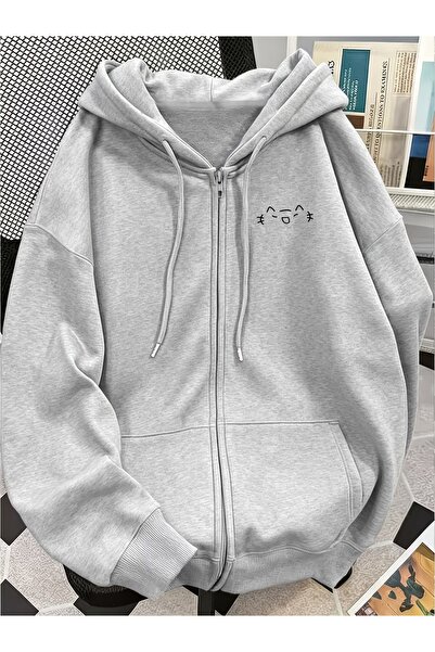 Toum Cute Cat Design Oversize Zippered Unisex Hooded Cardigan