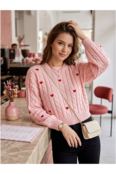 SAYZEN YOUR SHİNE Heart Embroidery Detailed Hair Braided Crop Women's Sweater