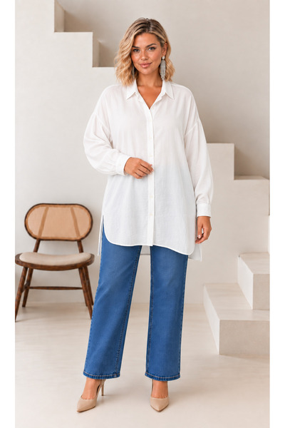 Butik Nilyam Γυναικείο πουκάμισο μεγάλου μεγέθους, μονόχρωμο, μακρυμάνικο, με...
