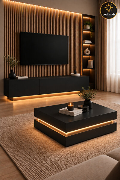 webotto 8 Almad Led Işıklı Siyah Tv Ünitesi ve Dammas Led Işıklı 2 Katlı Orta...