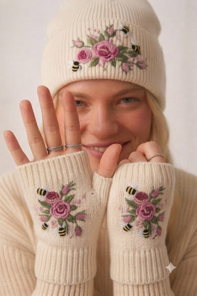 EMR Online Women's Knitwear Beanie Gloves Set Floral Bee Embroidered Knitted Winter Beanie and Gloves
