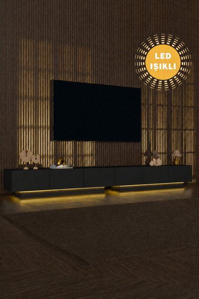 webotto 8 AlmadDouble Led Işıklı Siyah Tv Ünitesi 260cm Modern 6 Kapaklı Uçan...