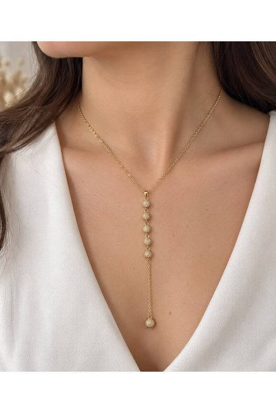 GK LUXURY & FASHION Women's Gold Steel Y Necklace with Stone Round Detail and Long Pendant Elegant Necklace