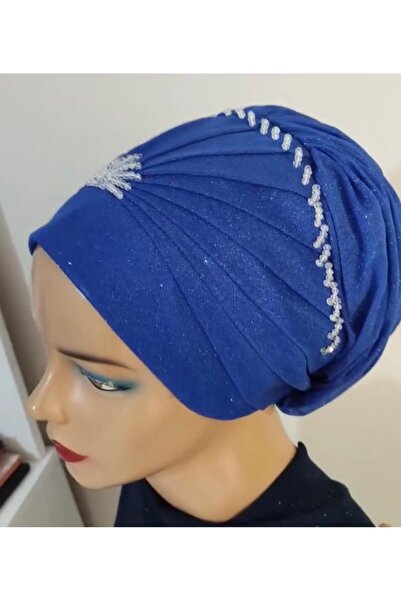 Saks Mavisi Simli Boncuk İşlemeli Abiye Bone, Hazır Duvak ve Hazır Türban