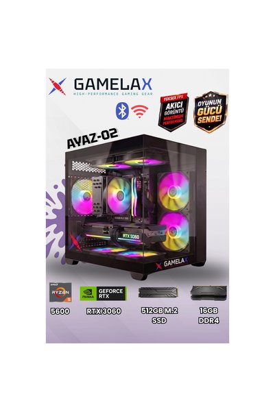 Gamelax AYAZ-02 AMD Ryzen5 5600 RTX3060 12GB 16GB DDR4 Ram 512GB M.2 SSD Wi-Fi-Bluetooth Masaüstü Ga