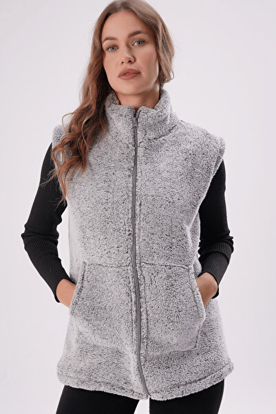 KOZZ STYLE Vestă gri din pluș cu guler înalt