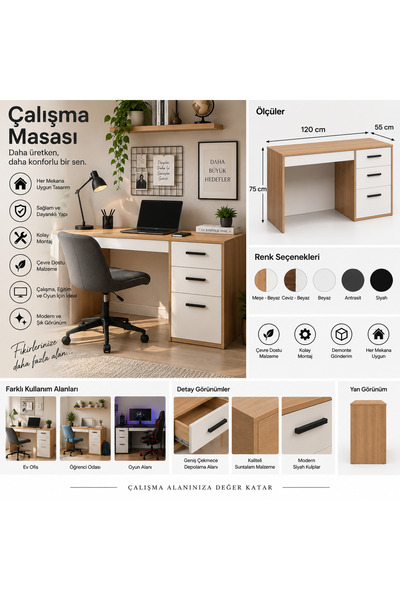 Genel Markalar Çalışma Masası 120x75x55 cm 3 Çekmeceli Modern Ofis ve Ders Ma...