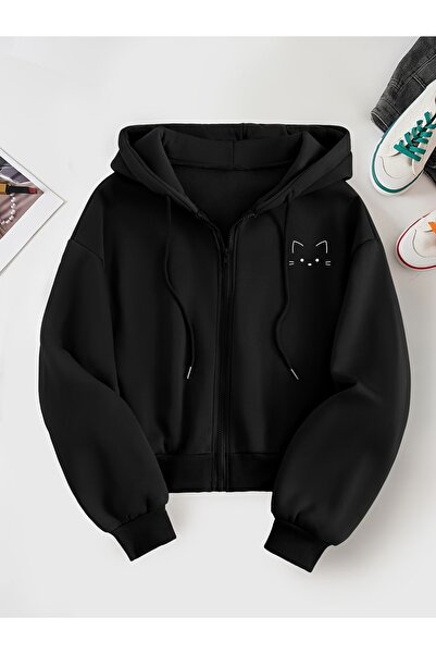 Toum Cute Cat Design Oversize Zippered Unisex Hooded Cardigan