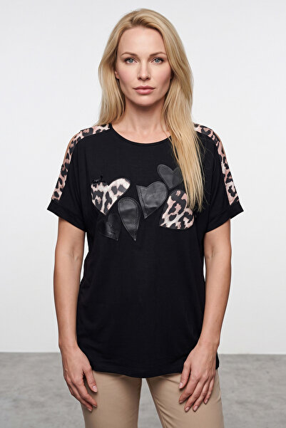 Fulla Moda Leopard Patterned Heart Embroidered Casual T-Shirt