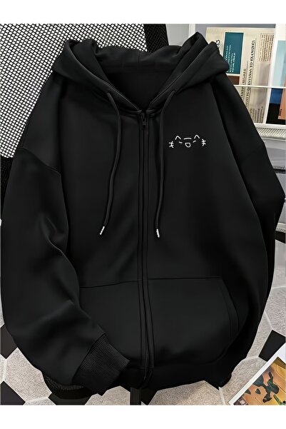 Toum Cute Cat Design Oversize Zippered Unisex Hooded Cardigan
