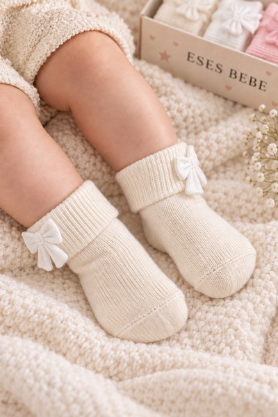 ESES BEBE 5 Çift Aksesuar Lüks Fiyonklu Kız Bebek Çorabı Kutusu 0-6 Ay