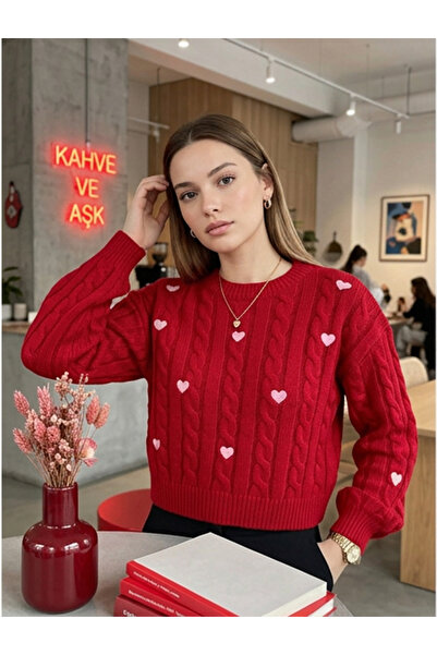 SAYZEN YOUR SHİNE Heart Embroidery Detailed Hair Braided Crop Women's Sweater