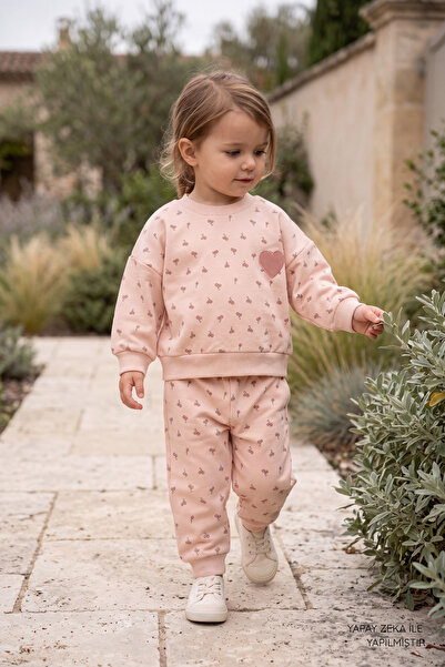 VAUVA 100% Cotton Girls' Tracksuit Set - Heart Emblem Patterned Sweatshirt an...