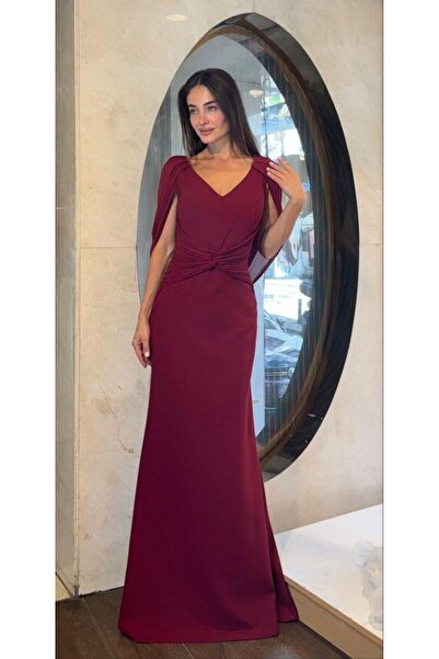 SpringStore Bordo Pelerinli Krep Abiye
