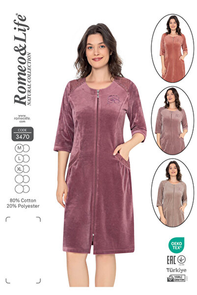 ROMEO LİFE Women's Cotton Velvet Zipper Winter Dress 3470