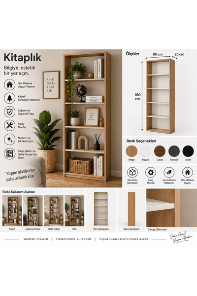 5 Raflı Kitaplık 60x180x25 cm Modern Kitaplık Dekoratif Raf Ünitesi Meşe