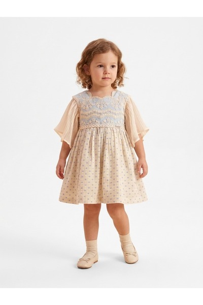 Top Kids Baby Girl Off White Dress with Flare Sleeves and Blue Lace Embroider...