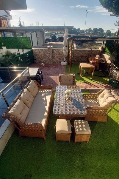 SALINCAKCIM Erciyes Rattan Puflu Bahçe Balkon Takımı 3+1+1 Kahve