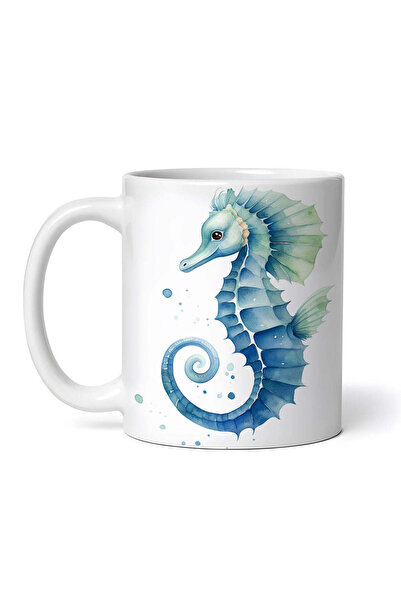 INOVATIX Personalized white mug, Blue seahorse with green fins, INOVATIX®. 330ml