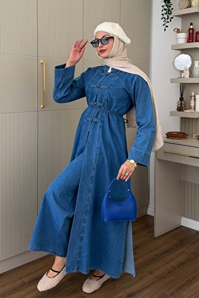 Modaensarbutik Çin Düğme Detaylı Uzun Denim Tunik Pantolon Tesettür Takım-AÇI...
