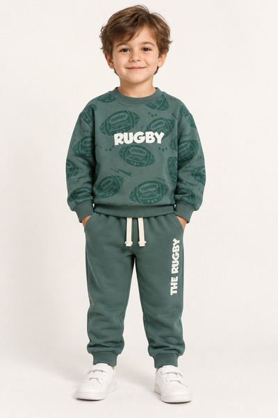 AHENGİM Boys' Rugby Ball Printed Cotton Sweatshirt and Pants Tracksuit Set Ak119