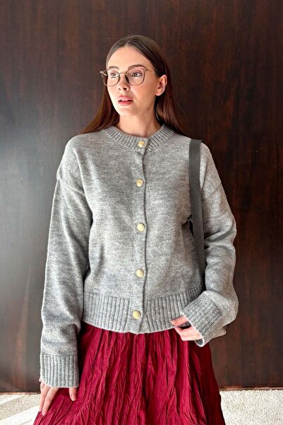 Ceylan Otantik Gray Button Detail Knitwear Cardigan