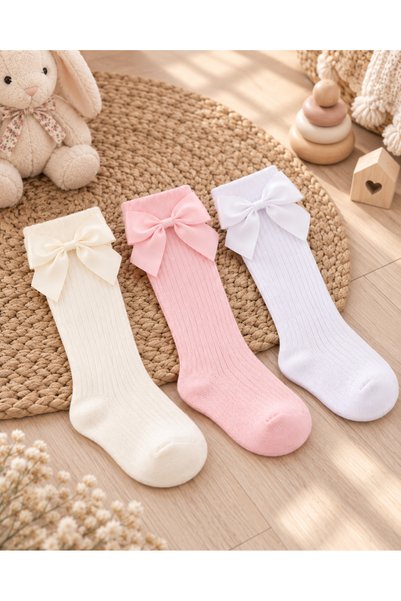 ışık kids 3'lü Kız Bebek & Çocuk Pamuklu Dizaltı Çorap