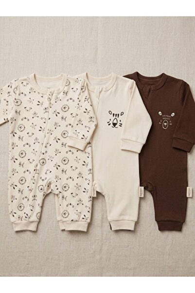 Melay Kids Store Kahve krem hayvan detaylı gizli fermuarlı 3'lü zıbın seti