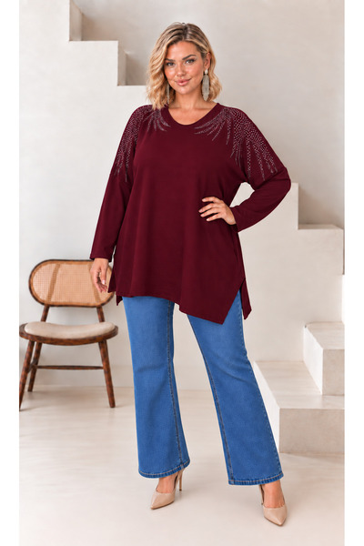 Butik Nilyam بلوزة نسائية كبيرة الحجم بياقة على شكل حرف V وأكمام طويلة مطرزة بالأحجار الناعمة ذات ملمس ناعم من الليكرا مقاس كبير 29501