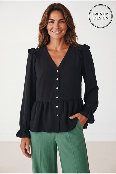 Trendy Design Bluză Elegantă de Damă Peplum cu Nasturi – Decolteu în V, Volan...