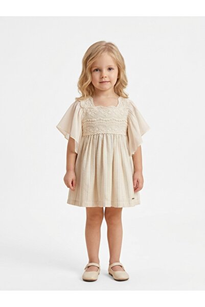 Top Kids Baby Girl Off-White Puff Sleeve Dress with Embroidered Lace on Chest...