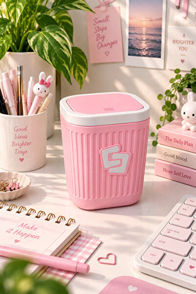 caps office Pastel Pembe Renkli Kapaklı Masaüstü Çöp Kovası – Ofis ve Çalışma...