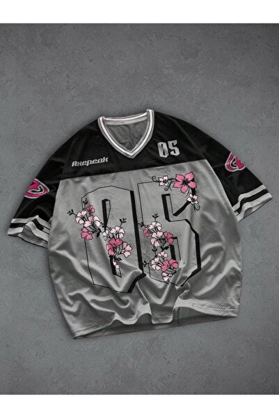 Weekeep Kadın Pembe Oversize Sakura Renkli Baskılı V Yaka Forma / Jersey T-Shirt