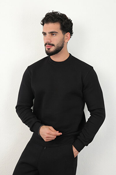 brz braazi Men's Cotton Crew Neck Black Sweatshirt with Fleece Inside