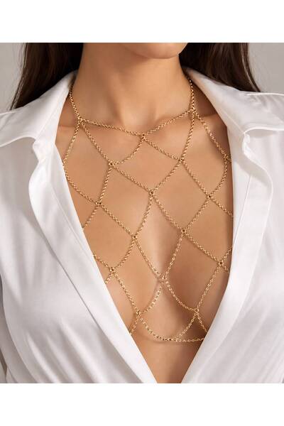 Arescollection GOLD RENK ZİNCİRLİ ŞIK BÜST VUCUT GÖĞÜS KOLYESİ