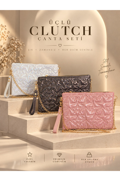 BAGS Clutch 3-Piece Bag Set Gray-White-Pink |   Star Patterned Women's Portfo...