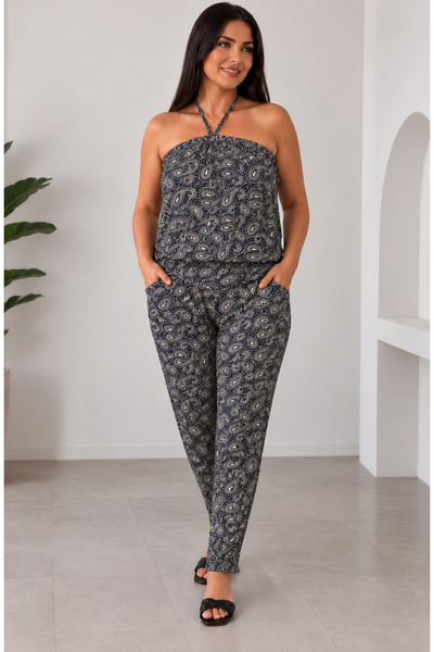 CNG MODA Halter Neck Patterned Summer Jumpsuit with Pockets